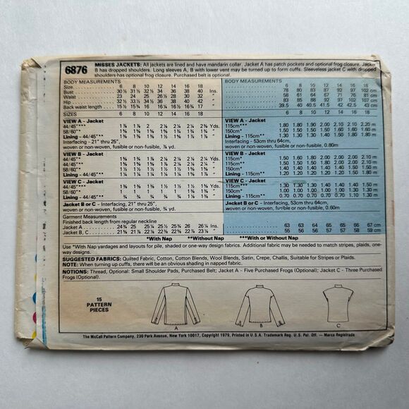 Vintage 70s McCalls 6876 Lined Jacket and Vest Mandarin Collar Sz 6 Uncut - Picture 2 of 2